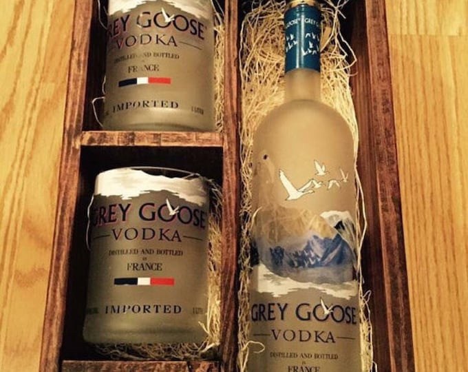 Grey Goose Vodka Wood Box Gift Set - (2) 750ml Bottle Rocks Glasses, (1) 50ml Bottle Shot Glass. Full bottle not included