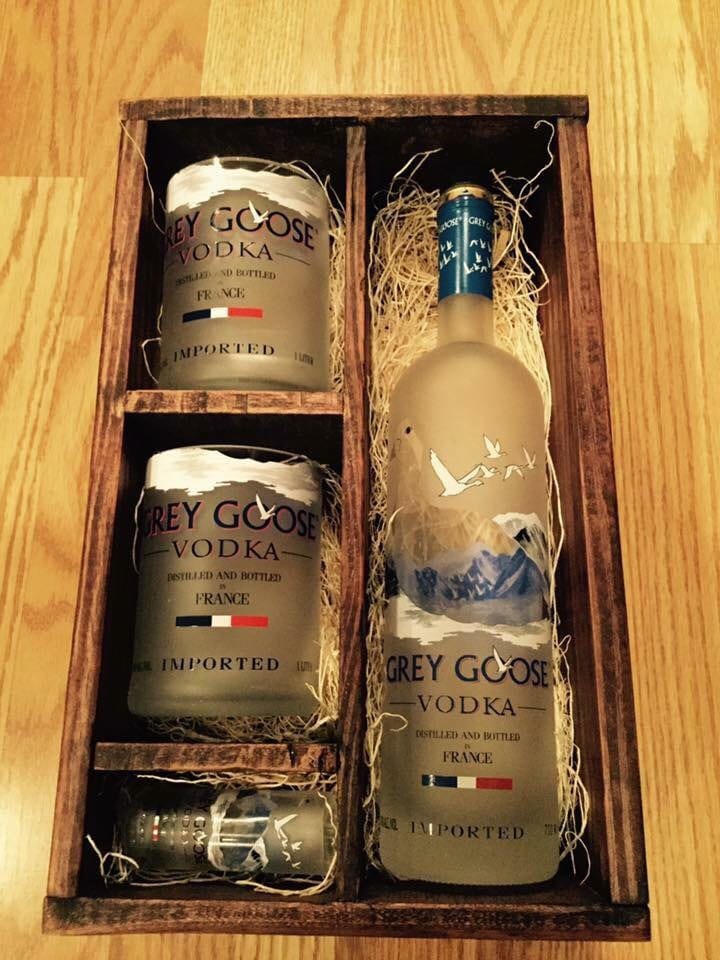Grey Goose Vodka Wood Box Gift Set (2) 750ml Bottle Rocks Glasses, (1