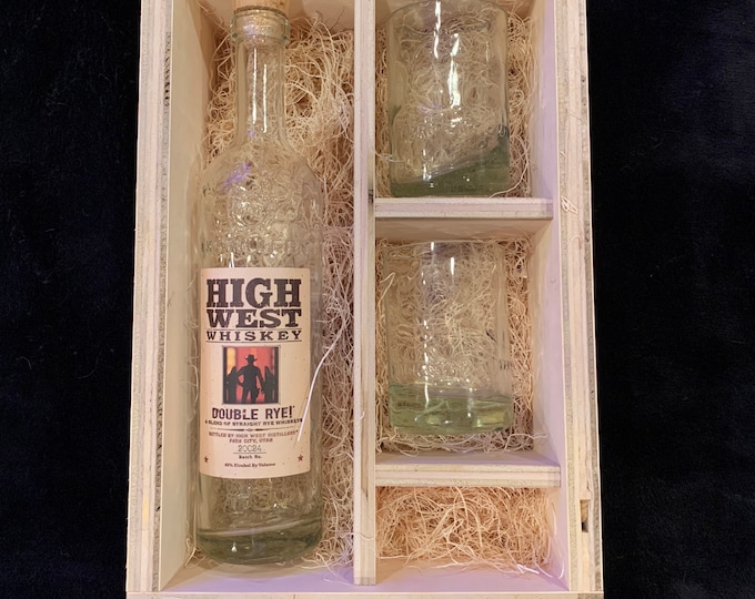 High West Distillery Bourbon Whiskey Rocks Glass Wood Gift Set -Full Bottle Not Included