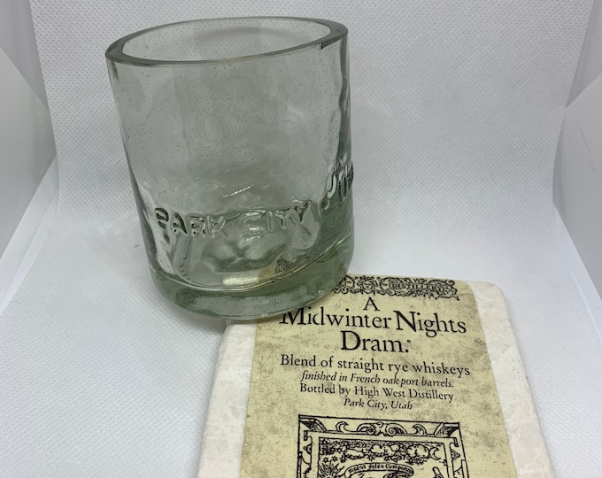 A Midwinter Nights Dram High West Whiskey Rocks Glass & Coaster made from empty bottle