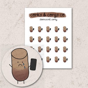 May include: A set of 16 round stickers featuring a cartoon illustration of a coffee cup with a sad face and a phone. The text "corks & corgs co" and "doomscroll corky" is printed on the sheet of stickers.