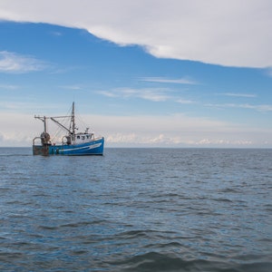 blue boat at sea, nautical decor, montauk, new york, montauk photography, fine art photography print