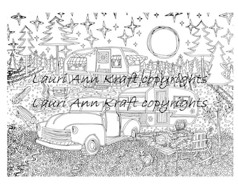 Camping Truck Camper Country Printable Adult Coloring Book Page Instant Download Zentangle PDF Kraft Color Meditation