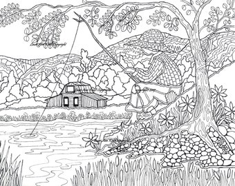 Boy Fishing Country Printable Adult Coloring Book Page Instant Download  Zentangle PDF Kraft Color Meditation 