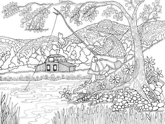Boy Fishing Country Printable Adult Coloring Book Page Instant Download  Zentangle PDF Kraft Color Meditation