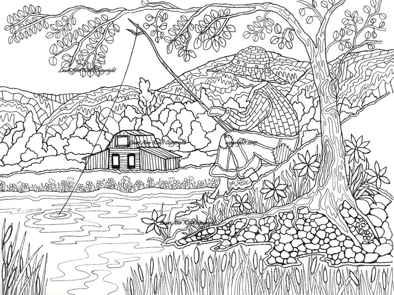 Boy Fishing Country Printable Adult Coloring Book Page Instant Download