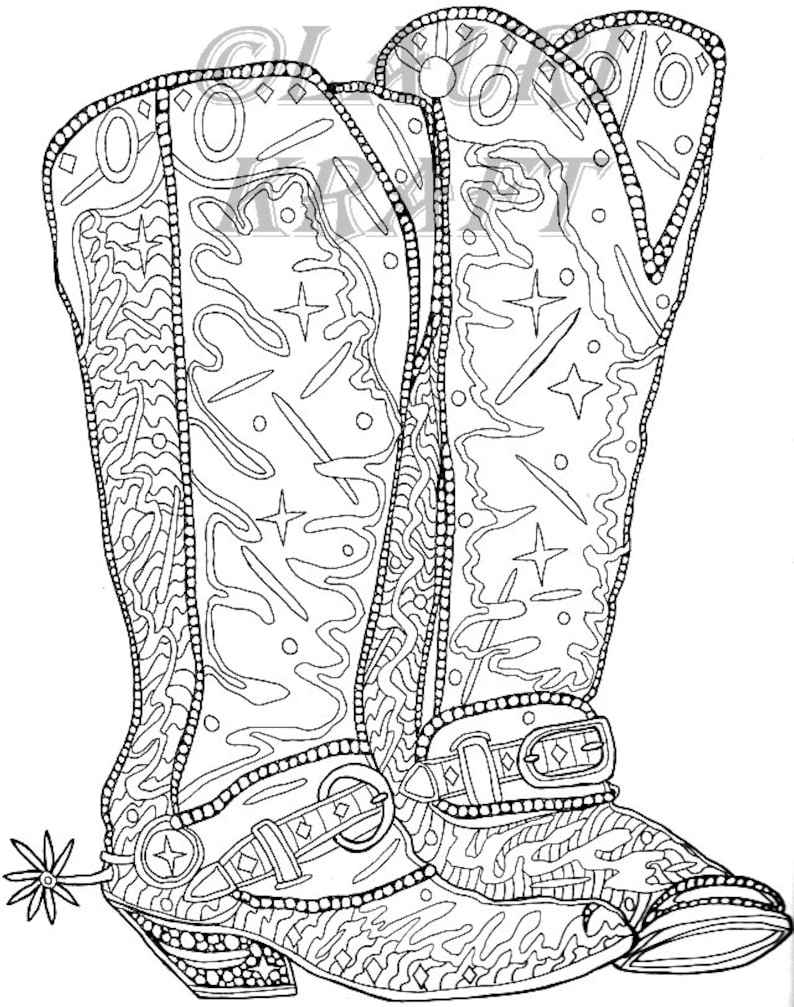 Bottes de cow-girl Cowboy ranch ferme imprimable adulte Coloring Book Page instantané Télécharger Zentangle PDF Kraft couleur méditation image 1