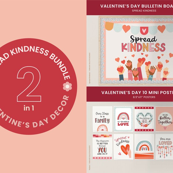 Lot de décorations pour la Saint-Valentin, kit de tableau d'affichage - SPREAD KINDNESS + ensemble d'affiches 10pc, décorations de tableau d'affichage de classe de février