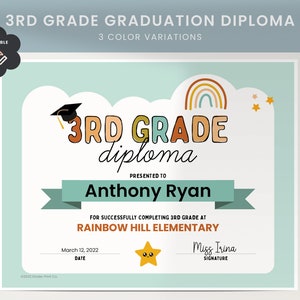 Editable 3rd Grade Diploma, Printable School Diploma Certificate ...
