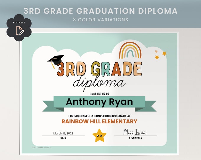 Editable 3rd Grade Diploma, Printable School Diploma Certificate ...