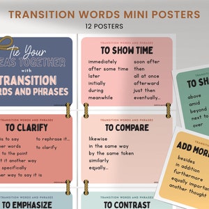 Transition Words and Phrases Mini Posters, Spring Rainbow Colors, Modern English Classroom Decor, High school, Middle School Wall Art