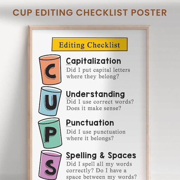 CUPS Editing Writing Strategy Checklist Poster, English Classroom Decor, Young Writers Editing Guide