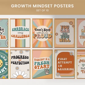 Growth Mindset Classroom Poster Set of 10, Retro Elementary Decor, Homeschool Printable, Groovy Collection