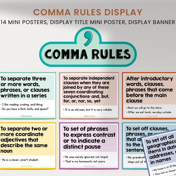 Comma Rules Poster Display, Set of 14, English Classroom, Middle High School, Homophones Printable, Writing Poster