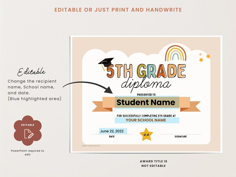 Editable 5th Grade Diploma Printable School Diploma - Etsy