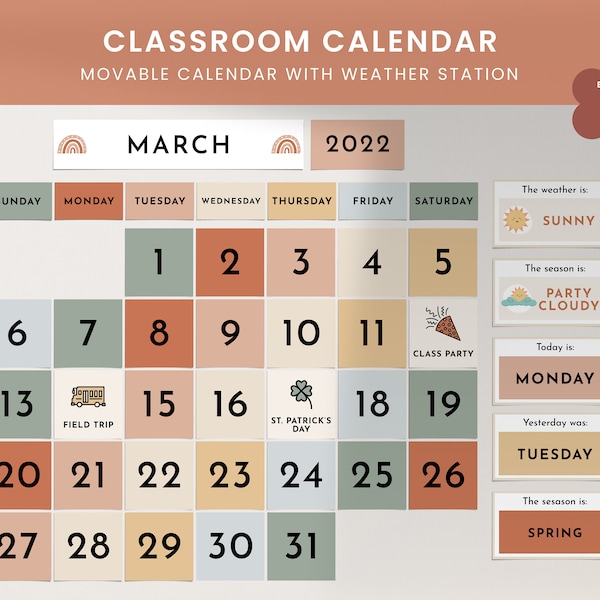 Klassenzimmer-Kalenderanzeige und Wetterstation, modernes Klassenzimmer-Dekor, Boho-Abstrakt-Sammlung