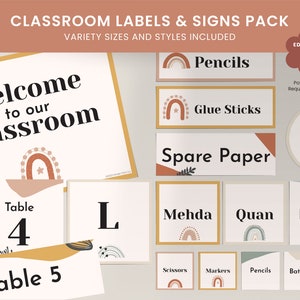 Classroom Labels and Signs Pack, Boho Rainbow, Neutral Classroom, Boho Abstract Collection