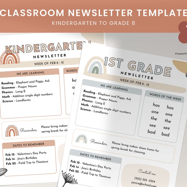 Classroom Newsletter Flyer Template, Modern, Boho Abstract, Editable