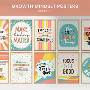Growth Mindset Classroom Poster Set of 10, Retro Elementary Decor, Homeschool Printable, Groovy Collection