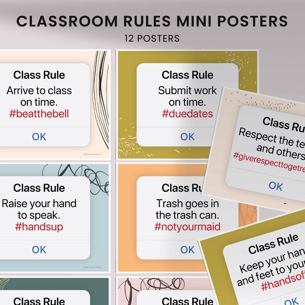 Hashtag Classroom Rules  and Expectations Mini Posters, Modern Classroom Decor, High school, Middle School Wall Art
