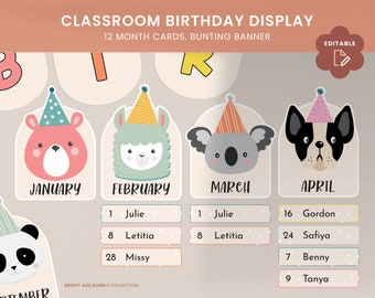 Pack d'affichage d'anniversaire de classe d'animaux mignons, tableau d'affichage d'anniversaire, collection lumineuse et pétillante