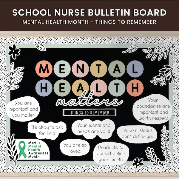 Mental Health Month Bulletin Board Kit | School Nurse Affirmations Decor | May Bulletin or Door Display | Workplace or Classroom Display