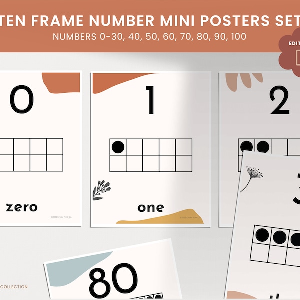 Ten Frame Numbers Poster Set, Classroom Decor, Math Classroom Display, Editable, Printable, Boho Abstract Collection