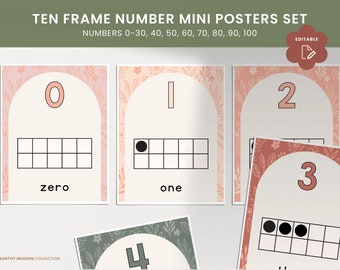 Ten Frame Numbers Poster Set, Classroom Decor, Math Display, Editable, Printable, Earthy Modern Collection