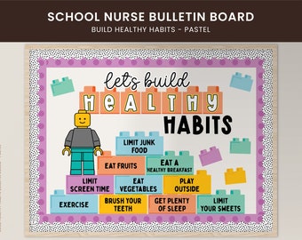 Healthy Habits Bulletin Board, School Nurse Door Display, Built Healthy Habits Pastel Motivational Bulletin Display, School Decorations