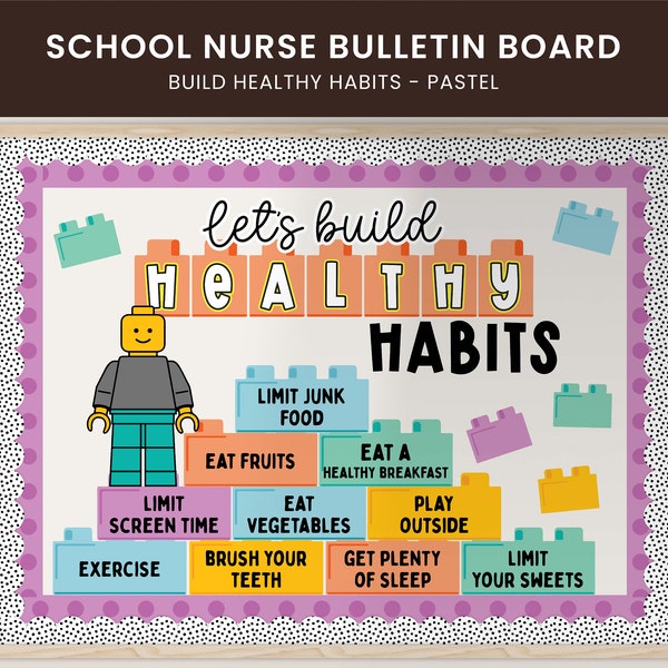 Healthy Habits Bulletin Board, School Nurse Door Display, Built Healthy Habits Pastel Motivational Bulletin Display, School Decorations