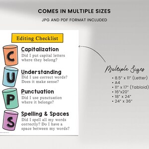 CUPS Editing Writing Strategy Checklist Poster, English Classroom Decor ...