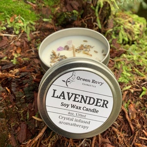 Lavender- Crystal Infused aromatherapy candle, Soy Wax Candle,