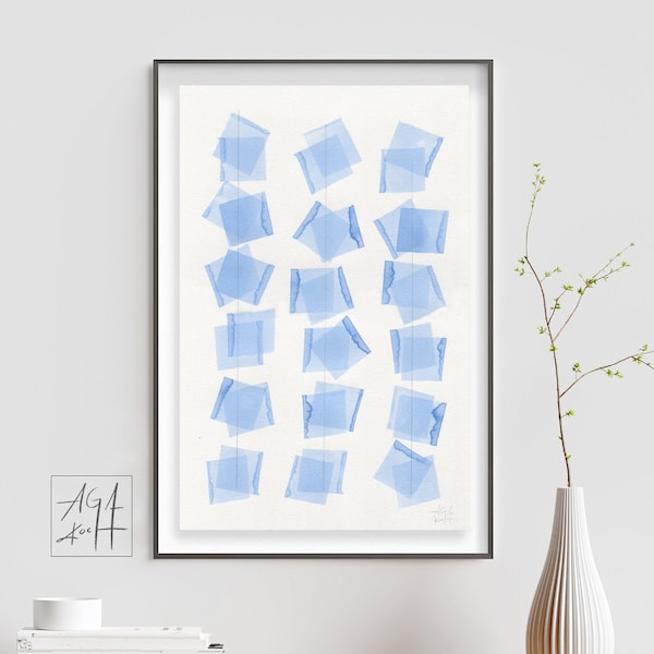 ORIGINAL Artwork Light Blue Watercolor Painting, Pale Blue Minimalist Wall Art Abstract Geometric Blue and White Artwork Unique Handmade Art