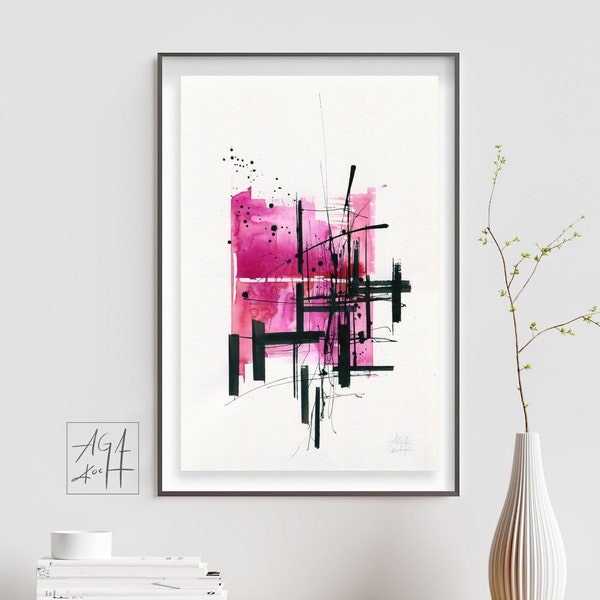 ORIGINAL Artwork Hot Pink Wall Art, Abstract Watercolor Pink Black and White Modern Art, Moody Minimalist Wall Art, Unique Gift Idea