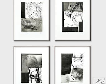4 obras de arte ORIGINALES, pequeñas pinturas en blanco y negro, conjunto de 4, arte abstracto para pared, arte minimalista, pintura a la tinta.