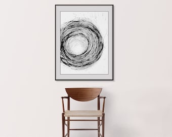 20x26 in ORIGINAL Art Black and White Wall Art Abstract Ink Art Moody Minimalist Wall Art, Zen Circle Art, Japandi Wall Art