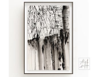 Lámina decorativa en blanco y negro para pared, arte abstracto con tinta, dibujo abstracto minimalista expresionista, pintura a la aguada.