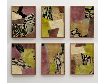 Conjunto de 6 láminas de arte mural en tonos burdeos, albahaca, abstracto, sala de estar, estilo ecléctico Wabi Sabi, láminas de arte en tonos beige, verde oliva y malva.