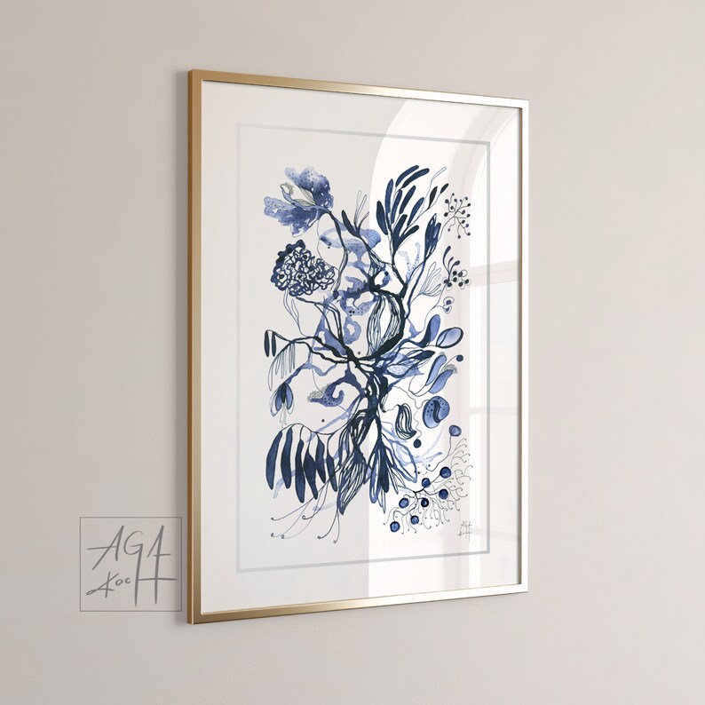 Blue Chinoiserie Minimalist Indigo Blue Botanical Wall Art Print, Plant ...