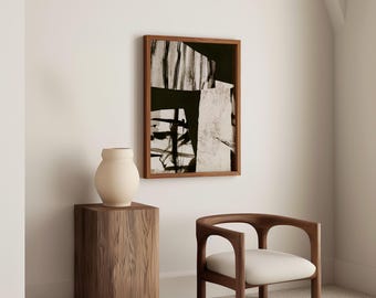 Arte abstracto minimalista, arte de pared Japandi en blanco y negro, lámina de arte abstracto tipo collage, decoración de sala de estar Wabi Sabi, arte ecléctico.