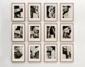 Colección de arte mural Japandi, conjunto de 12 láminas de arte en collage, estilo Wabi Sabi, arte abstracto para la sala de estar, decoración ecléctica y minimalista para galerías de arte.