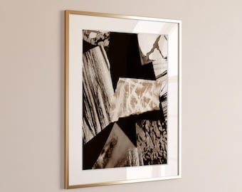 Arte abstracto minimalista, arte mural Japandi, lámina de arte mural en negro y beige, collage abstracto, decoración de sala de estar Wabi Sabi, arte ecléctico.