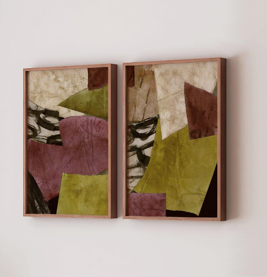 Eclectic Wabi Sabi Set of 2 Art Prints, Abstract Beige Olive Green ...