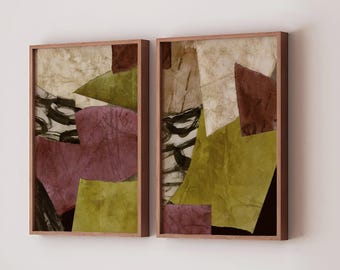 Conjunto ecléctico de 2 láminas artísticas Wabi Sabi, arte abstracto para pared en tonos beige, verde oliva y malva, decoración de sala de estar en borgoña y albahaca (2 piezas).