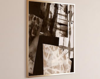 Arte abstracto minimalista, arte de pared Japandi en blanco y negro, lámina de arte abstracto tipo collage, decoración de sala de estar Wabi Sabi, arte ecléctico.