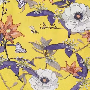 Lot de 4 serviettes en papier pour décoration - violet jaune vif orange papillon audacieux moderne fleur feuille iris pivoine rose