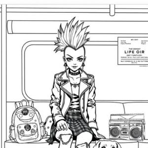 May include: Black and white line art illustration of a punk rock style person with a mohawk hairstyle, wearing a leather jacket, a plaid skirt, and ripped jeans. The person is sitting on a bench with a backpack and a boombox. A small dog is sitting next to the person. The image includes the text "THE DRINAY LIFE OIR GAY FUNPIES... PERME BIGS IN THE TOP SAUCE! BUT CONDON IN A NE TATTERED MELTA."