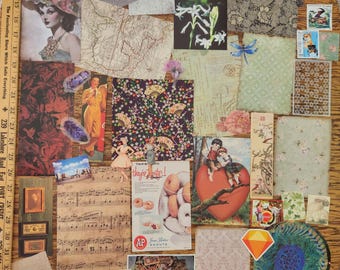 May include: A collage of vintage ephemera, including a portrait, maps, sheet music, and floral patterns. A camera, stamps, and a peacock feather fan are also present. The collage includes an advertisement for AP Donuts.