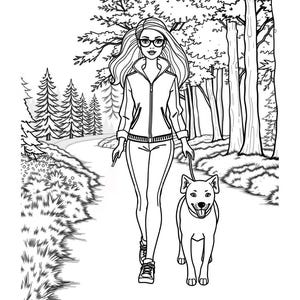 Könnte beinhalten: Eine Schwarzweiß-Zeichnung einer Frau mit langen Haaren, die einen Hund in einem Wald spazieren führt. Die Frau trägt eine Jacke und eine Hose. Der Hund ist ein mittelgroßer Hund mit Hängeohren.