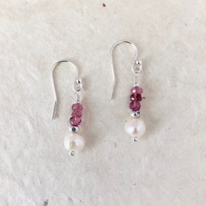 Dainty Pink Tourmaline Pearl Hill Tribe Thai Silver Beaded Earrings, Sundance Style, Sundance Tribe, Valentine&#39;s Day, October Birthstone